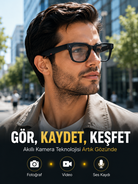 Siyah Bluetooth Akıllı Kamera Gözlüğü Fotoğraf Video Ses Kayıtlı AI Sesli Asistanlı Manyetik Şarjlı 3 Lensli - Lisinya