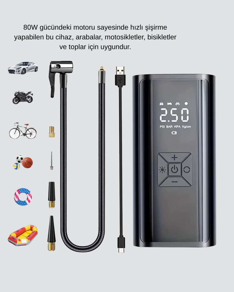 Taşınabilir 80W Kablosuz Lastik Şişirme Pompası Dijital Ekranlı - Lisinya