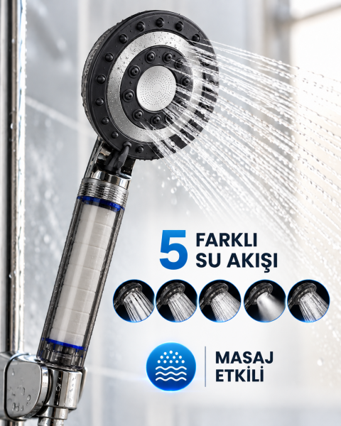 Siyah Filtreli Duş Başlığı 5 Farklı Su Akışı Masaj Etkili Klor ve Kireç Filtreleme - Lisinya