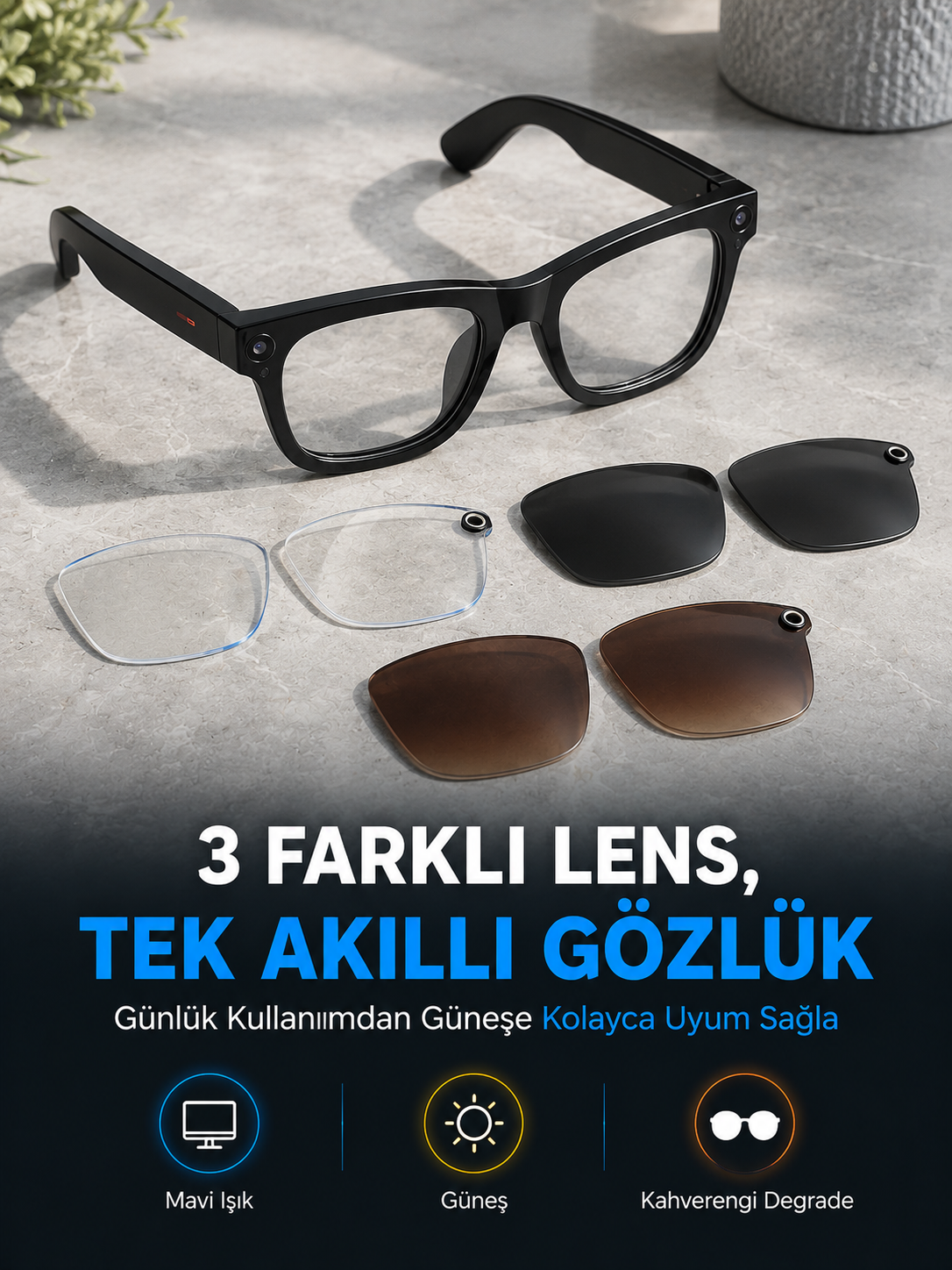 Siyah Akıllı Kamera Gözlüğü Fotoğraf Video Çekimli Bluetooth Aramalı AI Destekli 3 Değiştirilebilir Lensli - Lisinya