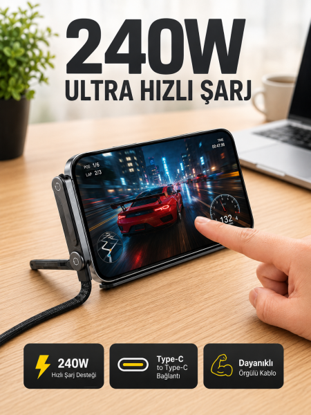 240W Type-C Telefon Standlı Örgülü Şarj ve Data Kablosu - Lisinya