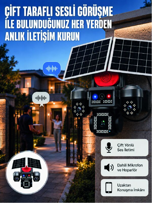 LED Projektörlü Sirenli Güneş Enerjili Akıllı Güvenlik Kamerası