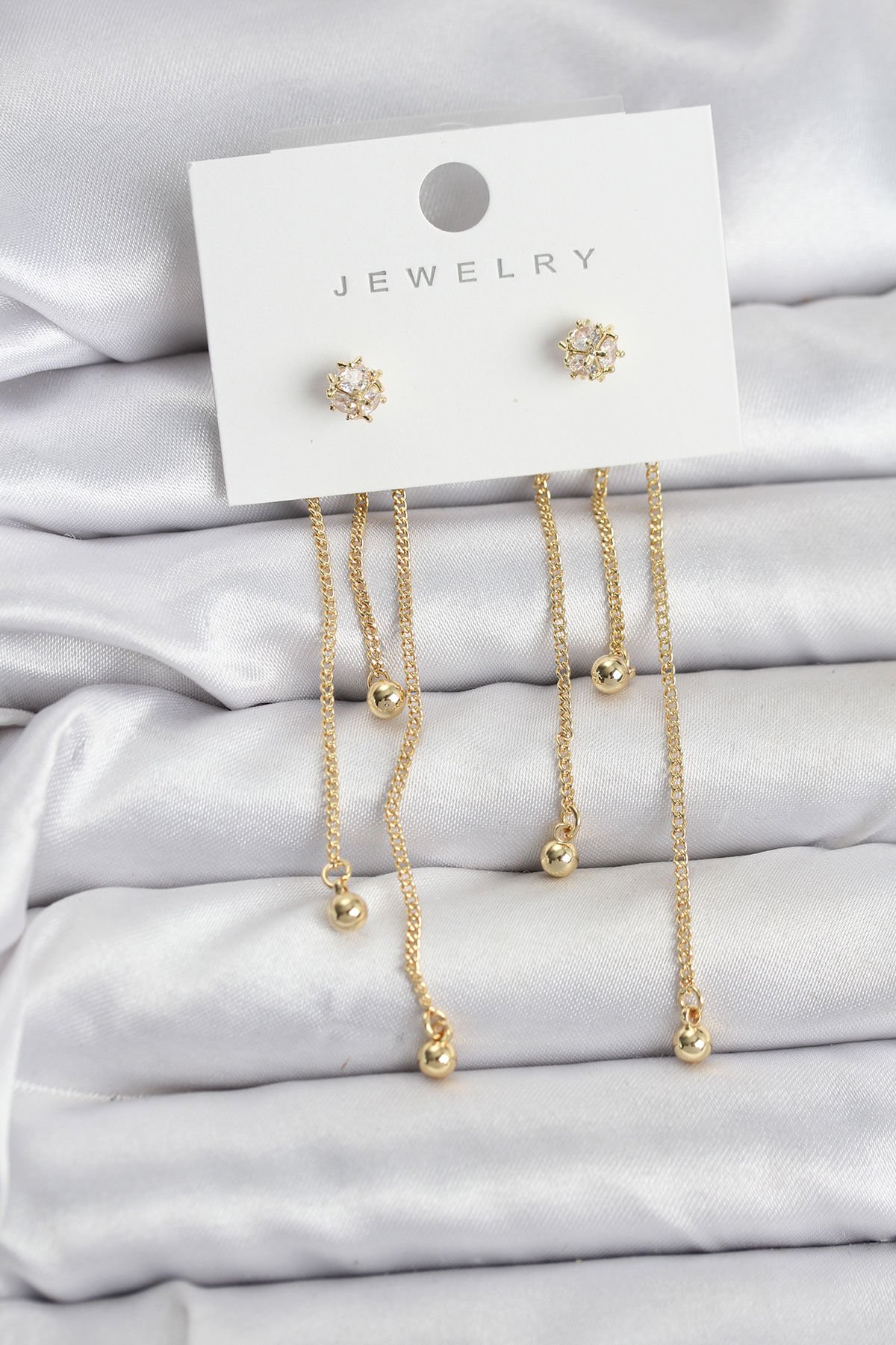 Topçuk Model Gold Renk Pirinç Sallantılı Kadın Küpe Seti - Lisinya