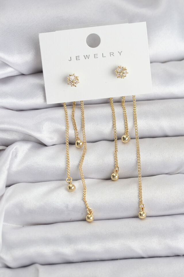 Topçuk Model Gold Renk Pirinç Sallantılı Kadın Küpe Seti - Lisinya