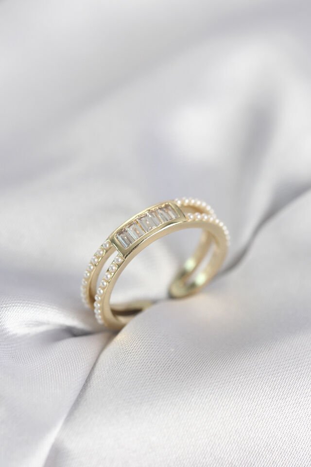 Baget Zirkon Taşlı Gold Renk İncili Kadın Yüzük - Lisinya