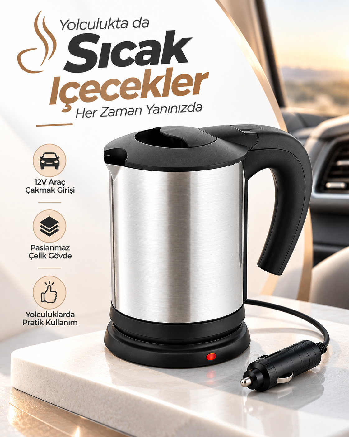 Yolculuk ve Seyahat İçin 12V Araç Uyumlu Paslanmaz Çelik Elektrikli Su Isıtıcı Kettle - Lisinya