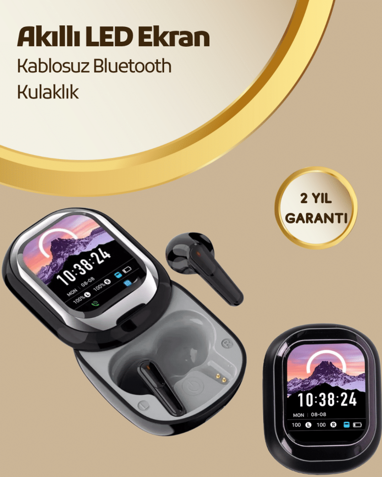 Akıllı Ekranlı Bluetooth 5.4 Kablosuz Kulaklık – Dokunmatik ve Şarj Kutulu-Siyah