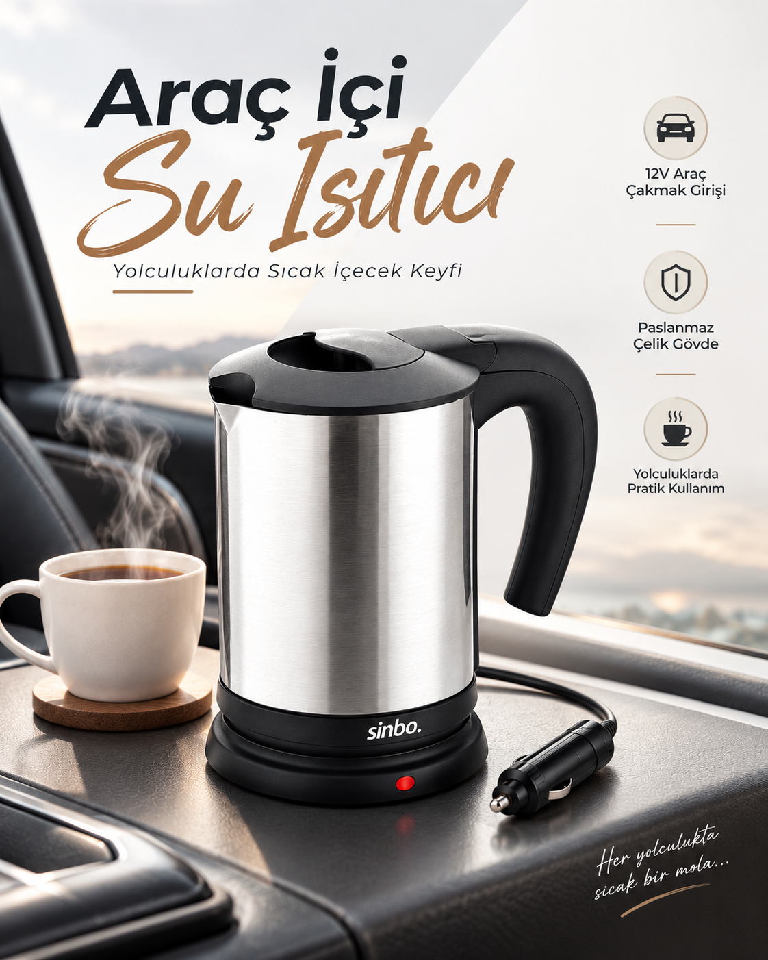 Otomobil İçin 12V Çakmak Soketli Paslanmaz Çelik Taşınabilir Su Isıtıcı Seyahat Kettle - Lisinya