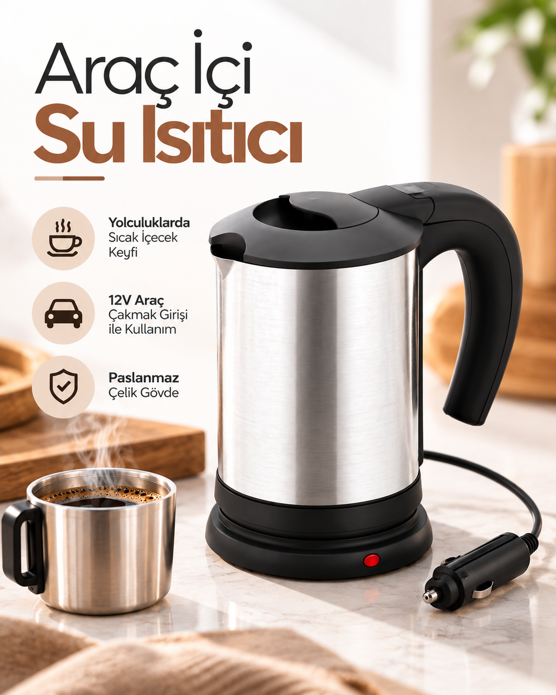 12V Araç Çakmak Girişli Paslanmaz Çelik Araç İçi Su Isıtıcı Seyahat Tipi Kettle - Lisinya