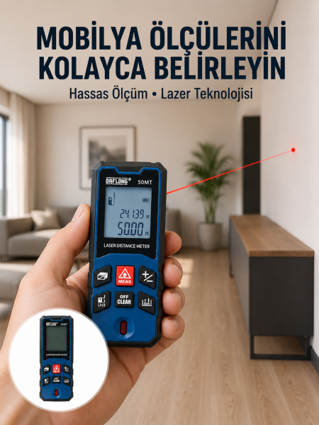 50 Metre Lazer Ölçüm Cihazı Alan ve Mesafe Hesaplama Yeni Nesil - Lisinya