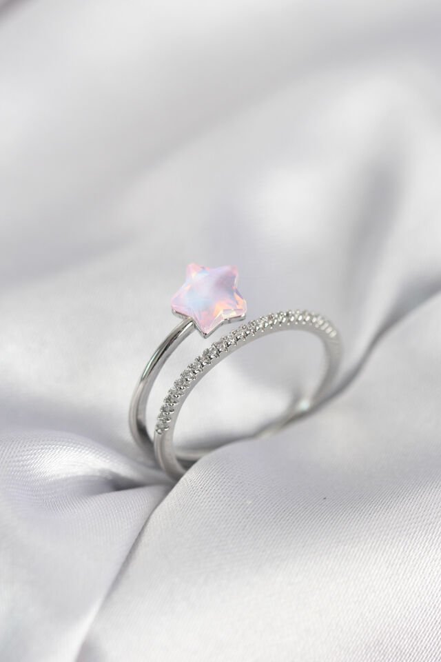 Gümüş Renk Zirkon Taşlı Pembe Halley Model Kadın Yüzük - Lisinya