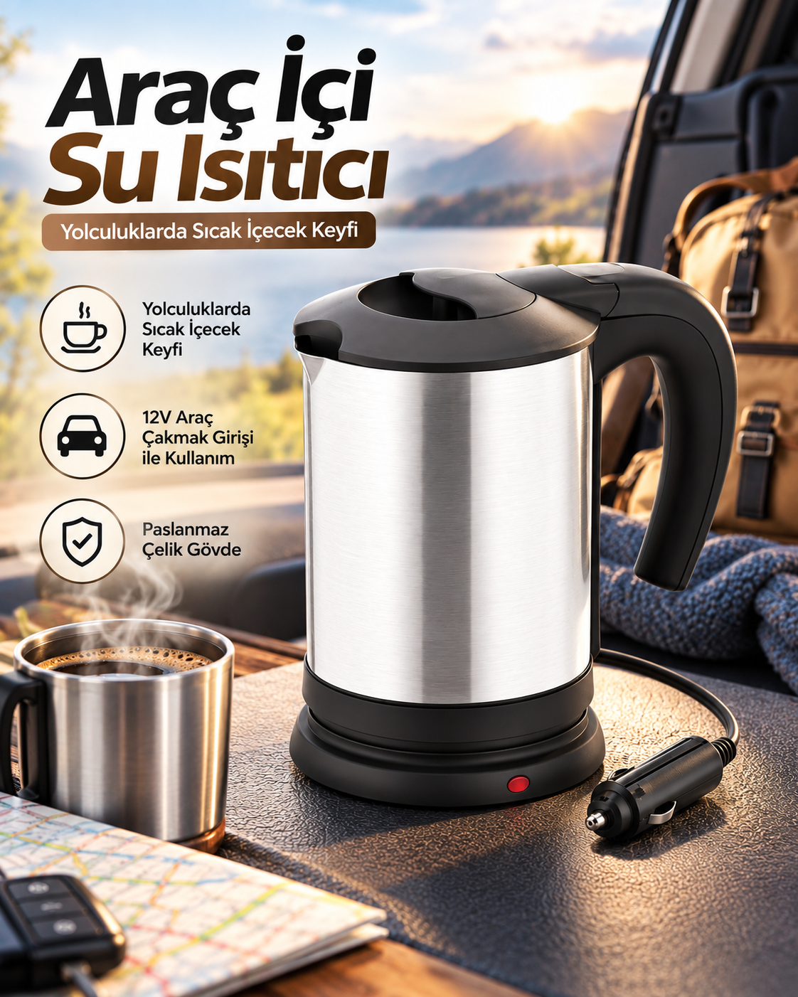 Otomobilde Kullanıma Uygun 12V Çakmak Soketli Paslanmaz Çelik Pratik Su Isıtıcı Kettle - Lisinya