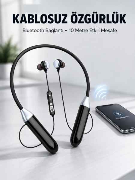 Mikrofonlu Boyun Bantlı Bluetooth Kulaklık Kablosuz Bağlantılı Ses ve Müzik Kontrollü Kulak İçi Kulaklık - Lisinya