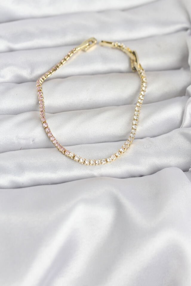 Pembe ve Beyaz Zirkon Taşlı Gold Renk Su Yolu Kadın Bileklik - Lisinya