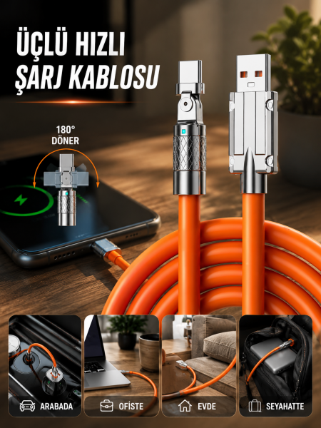 3 İn 1 Süper Hızlı Şarj Kablosu Android ve İOS Uyumlu Silikon Şarj Kablosu - Lisinya