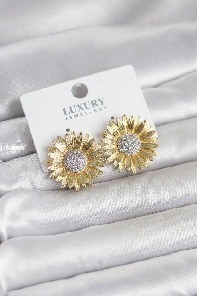 Papatya Model Zirkon Taşlı Pirinç Gold Renk Kadın Küpe - Lisinya