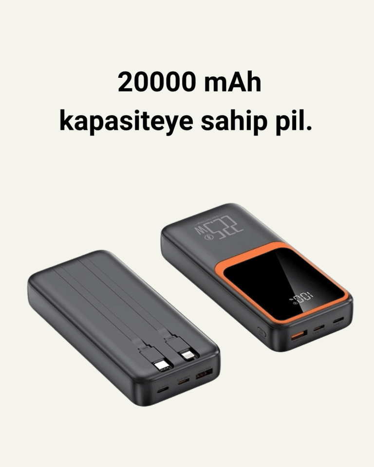 Powerbank 20000 mAh | 22.5W Hızlı Şarj, Dahili Kablolu, LCD Ekranlı Şarj Cihazı - Lisinya
