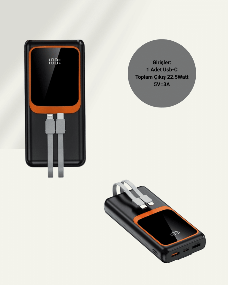 Powerbank 20000 mAh | 22.5W Hızlı Şarj, Dahili Kablolu, LCD Ekranlı Şarj Cihazı - Lisinya