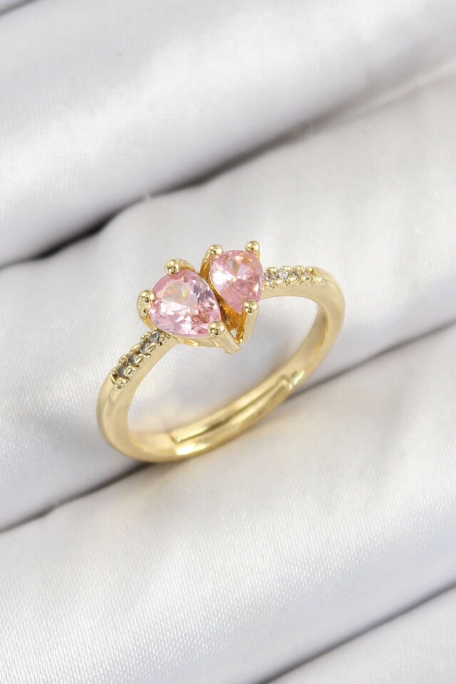 Pirinç Zirkon Taşlı Pembe Kalp Model Gold Renk Kadın Yüzük - Lisinya