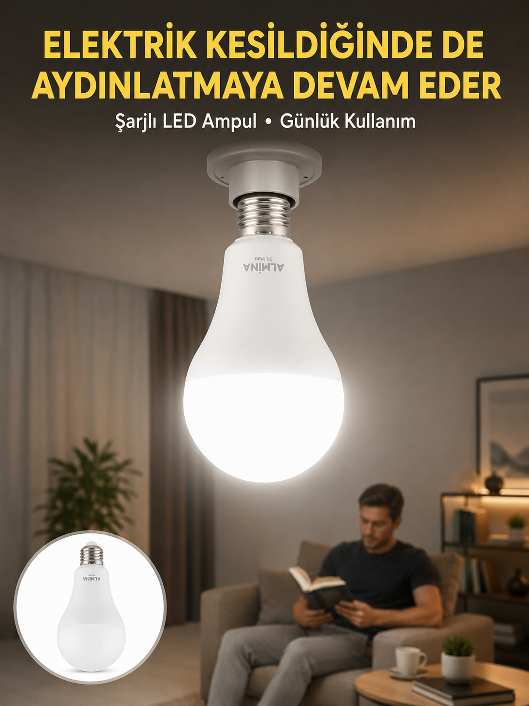 Acil Durumlar İçin Şarjlı LED Ampul 6400K Soğuk Beyaz 30 Watt Yeni Nesil - Lisinya
