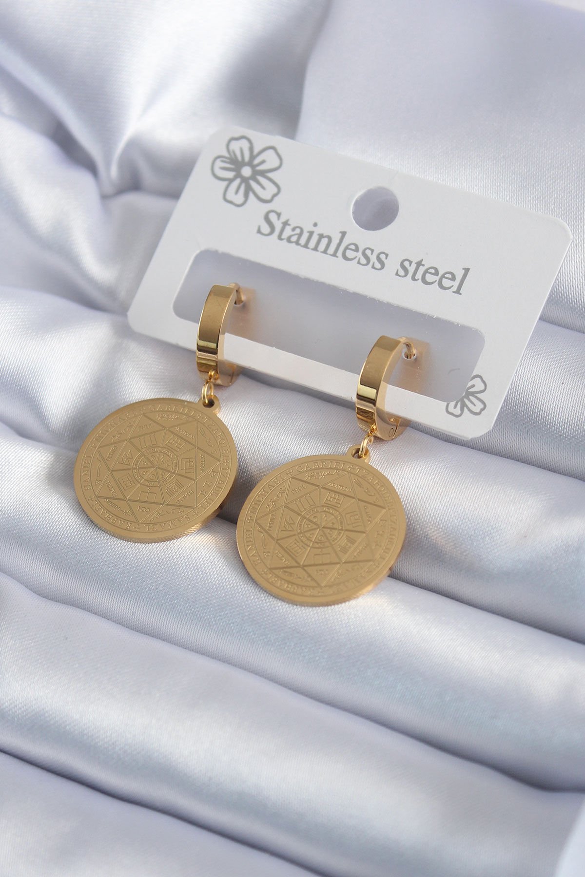 316L Çelik Gold Renk Pentagram Yıldızı İşleme Model Kadın Küpe - Lisinya