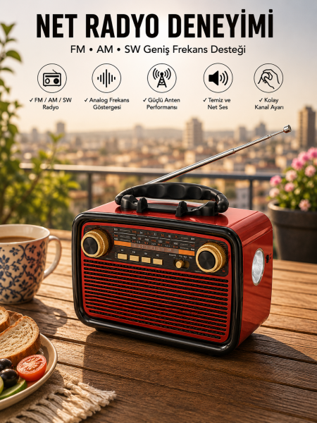Müzik Kutusu Bluetooth Bağlantılı El Fenerli Nostaljik Tasarım Radyo - Lisinya