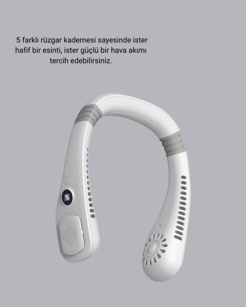 Giyilebilir Boyun Fanı 360° Dairesel Rüzgar ve 5 Kademeli Hız Ayarlı
