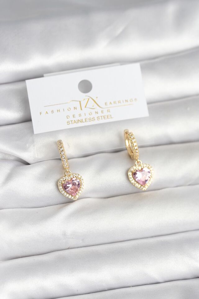 Pirinç Gold Pembe Renk Zirkon Taşlı Kalp Model Kadın Küpe - Lisinya