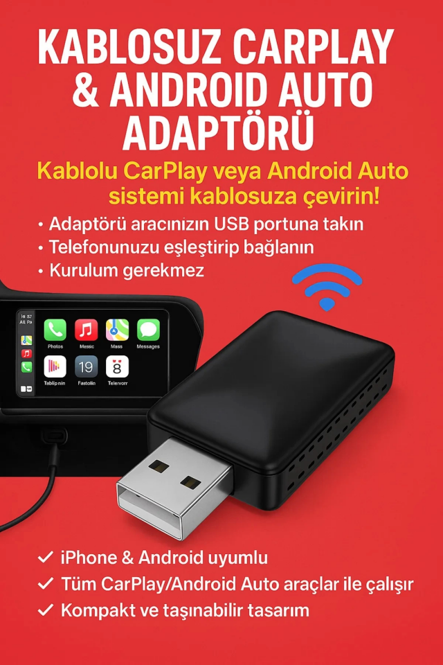 YamanHobi 2'si 1 Arada Kablosuz CarPlay Android Auto USB Adaptörü Siyah