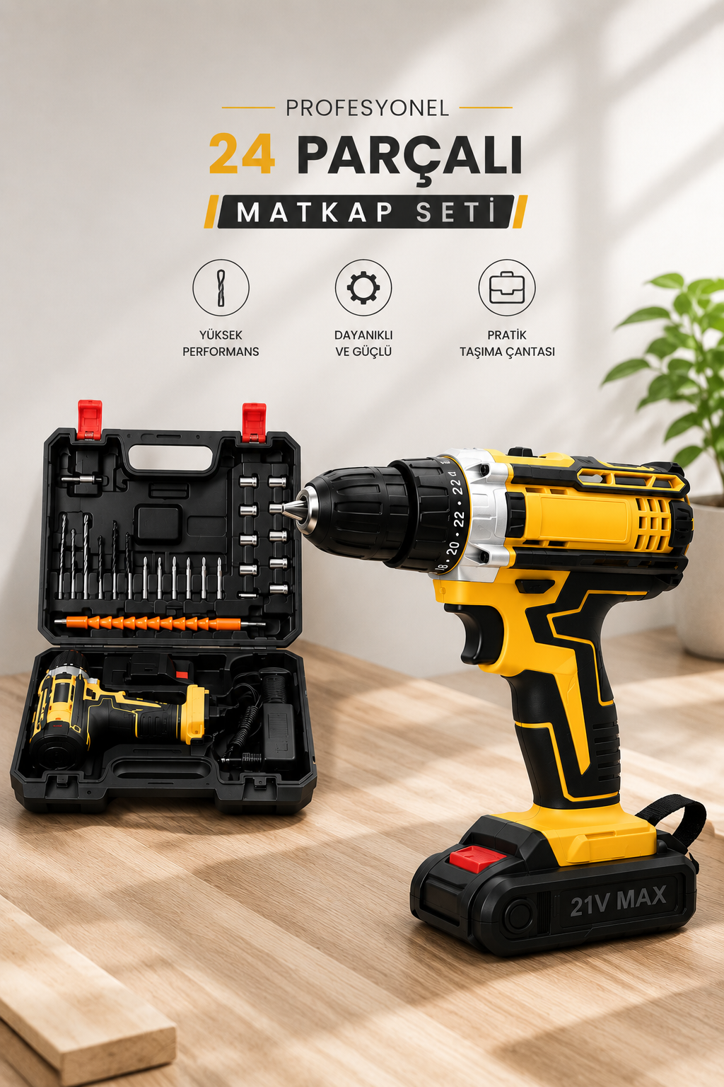 Metal Dişli 24W Akülü Matkap -Çift Bataryalı ve LED Çalışma Işığı ile Tam Set - Lisinya