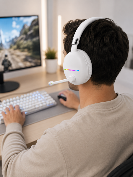 Beyaz Bluetooth 5.0 Mikrofonlu Kablosuz Kulak Üstü Kulaklık RGB Işıklı Type-C Şarjlı
