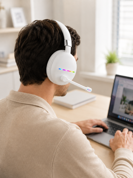 Beyaz Bluetooth 5.0 Mikrofonlu Kablosuz Kulak Üstü Kulaklık RGB Işıklı Type-C Şarjlı