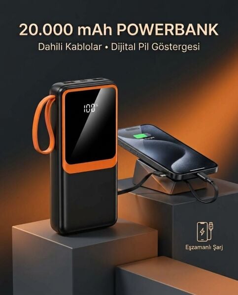 20000 mAh Dijital Ekranlı Powerbank Çoklu Bağlantı Uçlu Taşınabilir Yedek Batarya - Lisinya