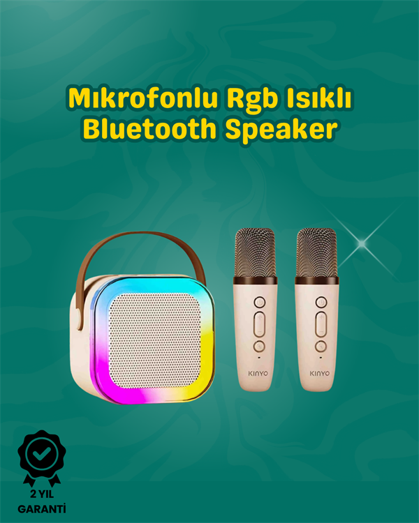 YamanHobi Mini Karaoke Hoparlör Çift Kablosuz Mikrofonlu LED Işıklı Beyaz