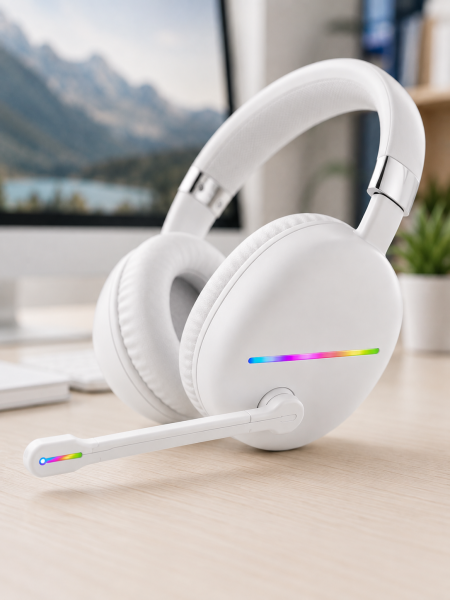 RGB Işıklı Mikrofonlu Bluetooth Kulaklık Beyaz Over-Ear Tasarım Type-C Şarjlı