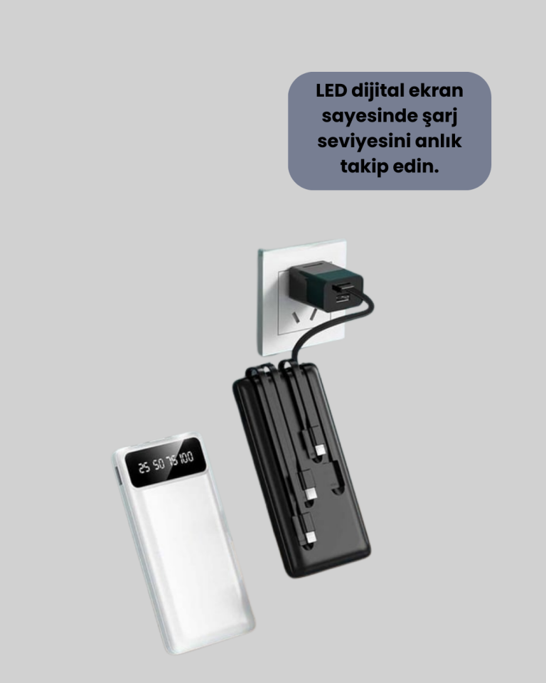 LED Işıklı 20.000mAh Powerbank LCD Gösterge Dahili Çoklu Kablo - Lisinya