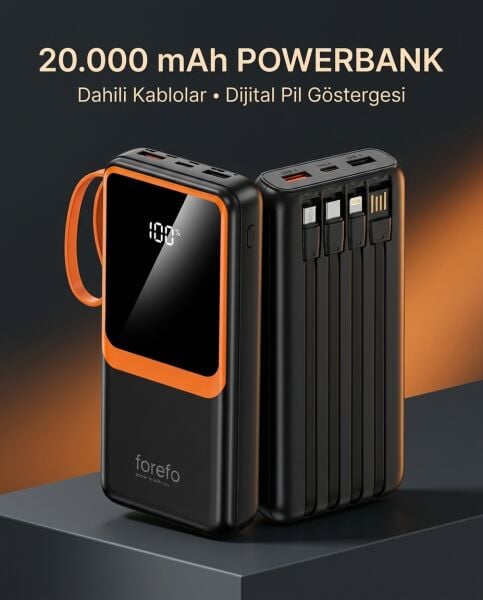 1. Çoklu Çıkışlı 20000 mAh Powerbank Entegre Kablolu Dijital Ekranlı Taşınabilir Şarj Cihazı - Lisinya