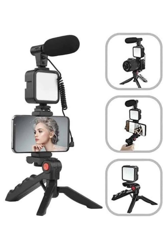Tripod Telefon Tutucu Kumandalı Mikrofon Led Işık Vlog Video Kayıt - Lisinya