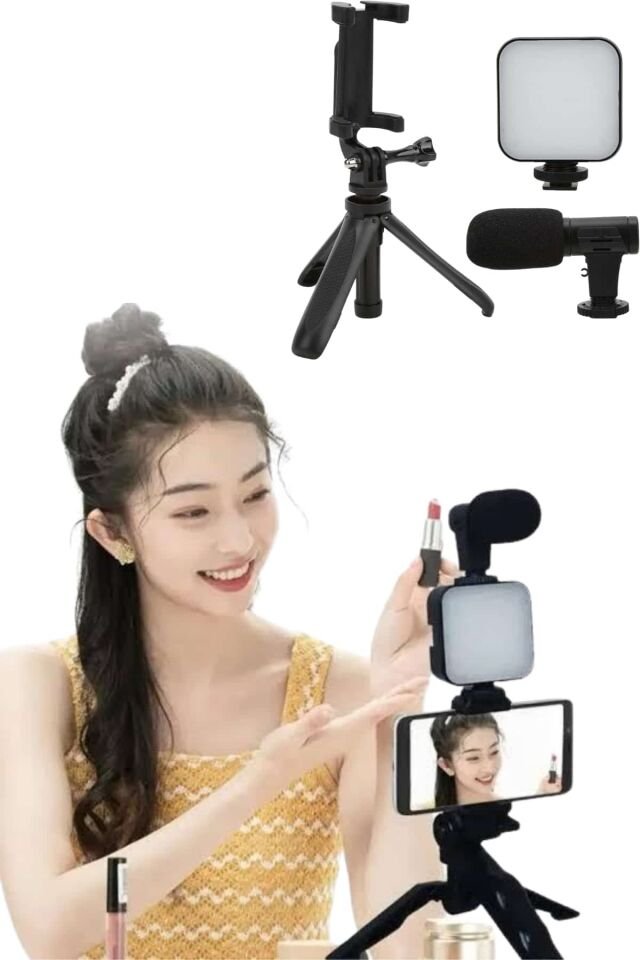Tripod Telefon Tutucu Kumandalı Mikrofon Led Işık Vlog Video Kayıt - Lisinya
