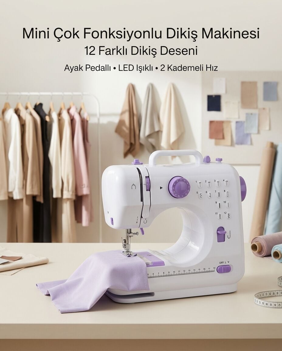 12 Farklı Dikiş Desenli Mini Dikiş Makinesi Ayak Pedallı LED Işıklı Ev Tipi Kullanım - Lisinya