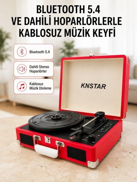 Taşınabilir Bavul Tipi Pikap Bluetooth Özellikli Dahili Hoparlörlü USB ve SD Kart Destekli Kırmızı - Lisinya