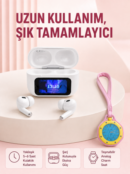 Ekranlı Kablosuz Kulaklık ve Pembe Çanta Charm Saat Kampanya Seti - Lisinya
