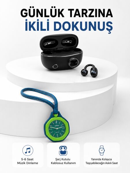 Şarj Kutulu Kablosuz Kulaklık ve Yeşil Askılı Analog Çanta Saati Avantajlı İkili Set