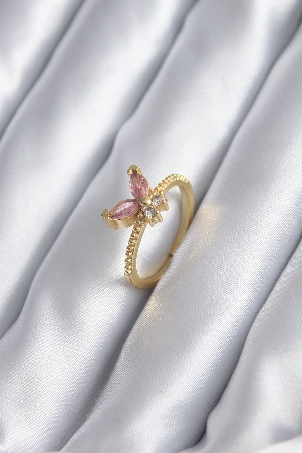 Gold Renk Pembe Zirkon Taşlı Kelebek Model Kadın Yüzük - Lisinya