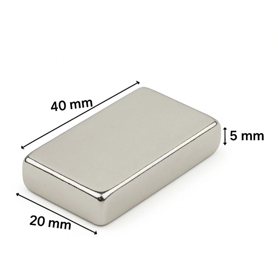 5'li Set: N35 Sınıfı 40x20x5 mm Köşeli Neodyum Mıknatıs (Nikel Kaplama) ( Lisinya )