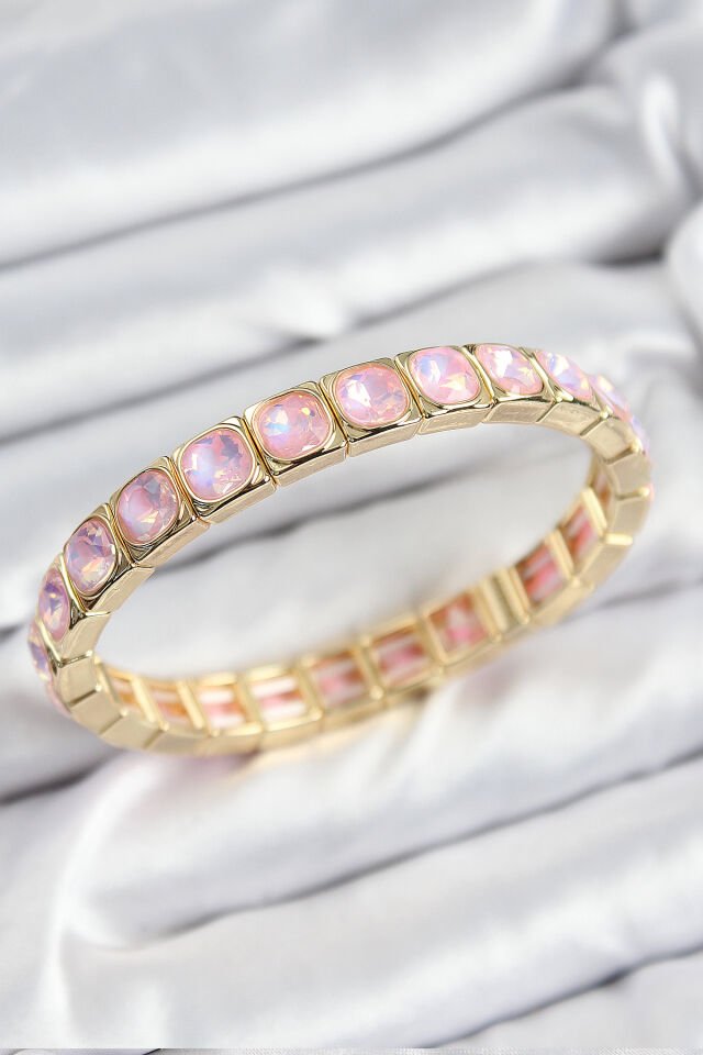 Pirinç Pembe Zirkon Taşlı Kare Model Gold Renk Lastikli Kadın Bileklik - Lisinya