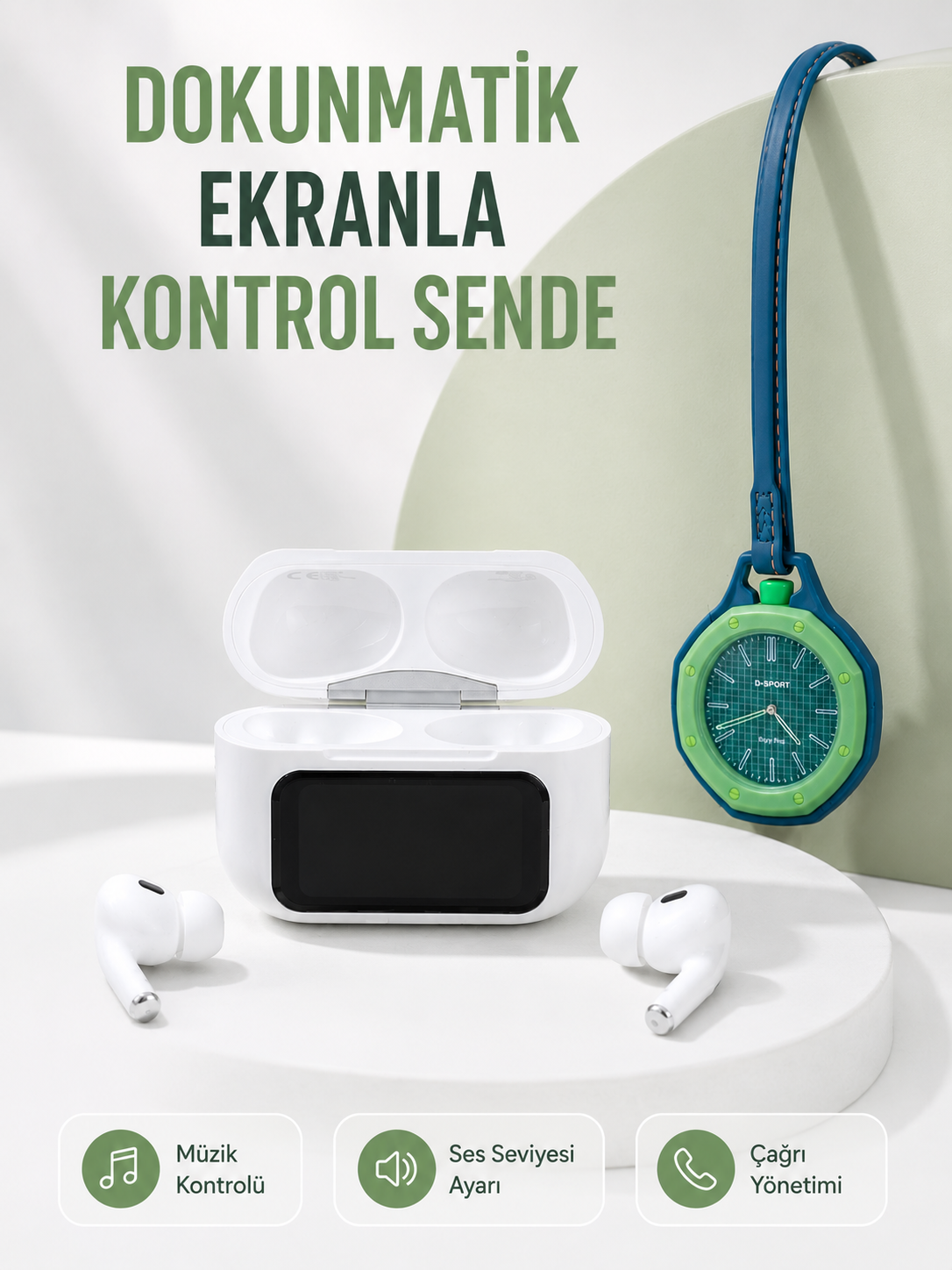 Bluetooth 5.4 Kablosuz Kulaklık Yeşil Askılı Analog Charm Saat İkili Set - Lisinya