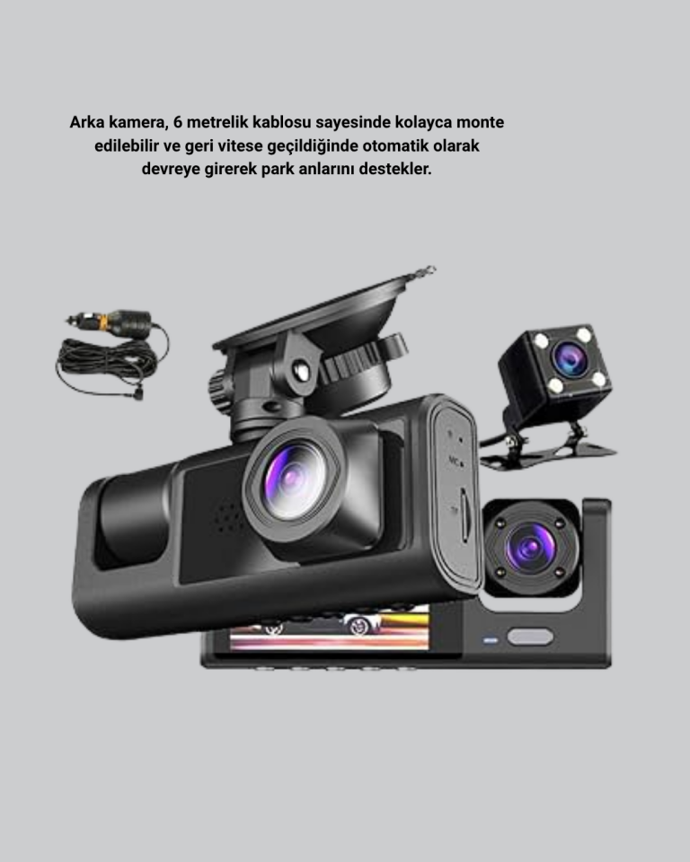 Üç Kameralı Araç DVR Full HD Gece Görüşlü ve 2 inç IPS Ekranlı - Lisinya