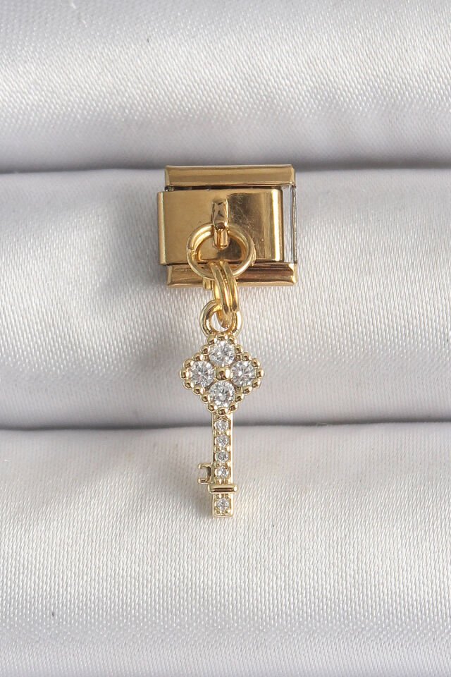 316L Çelik Gold Renk Sallantı Zirkon Taşlı Anahtar Model Nomination Charm - Lisinya