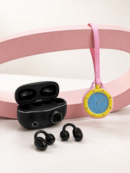 Kablosuz Kulaklık ve Pembe Askılı Çanta Charm Analog Saat Kampanya Seti